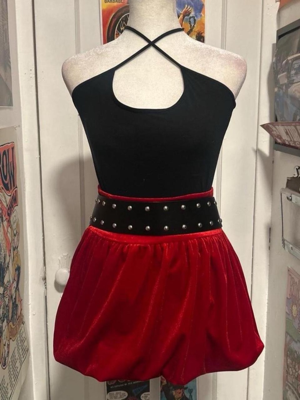 Red Velvet Velour Bubble Mini Skirt.